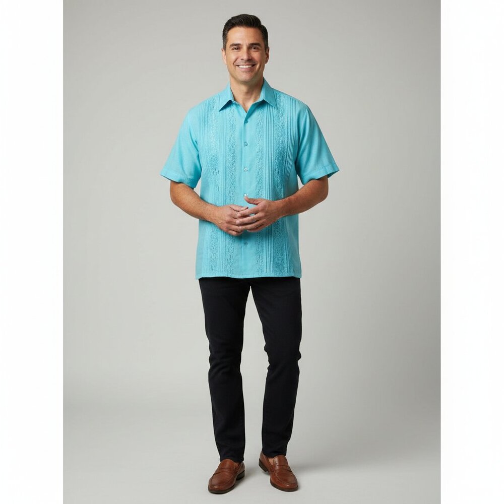 Mens Vintage Linen Shirt Blue Diamond Pattern Button Down Summer Resort 40